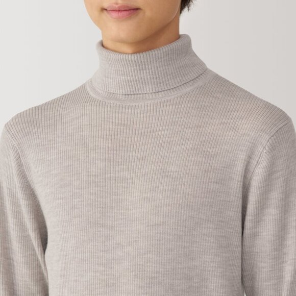 MUJI Neutral Washable Wool Turtleneck Ribbed Knit Sweater Beige Small - Picture 2 of 10